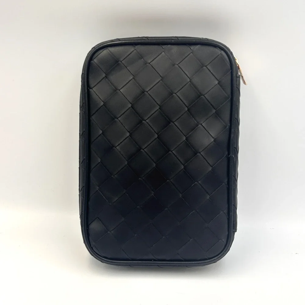 Kevyn Aucoin Woven Makeup Bag Black Faux Leather Travel Case Gold Hardware NEW